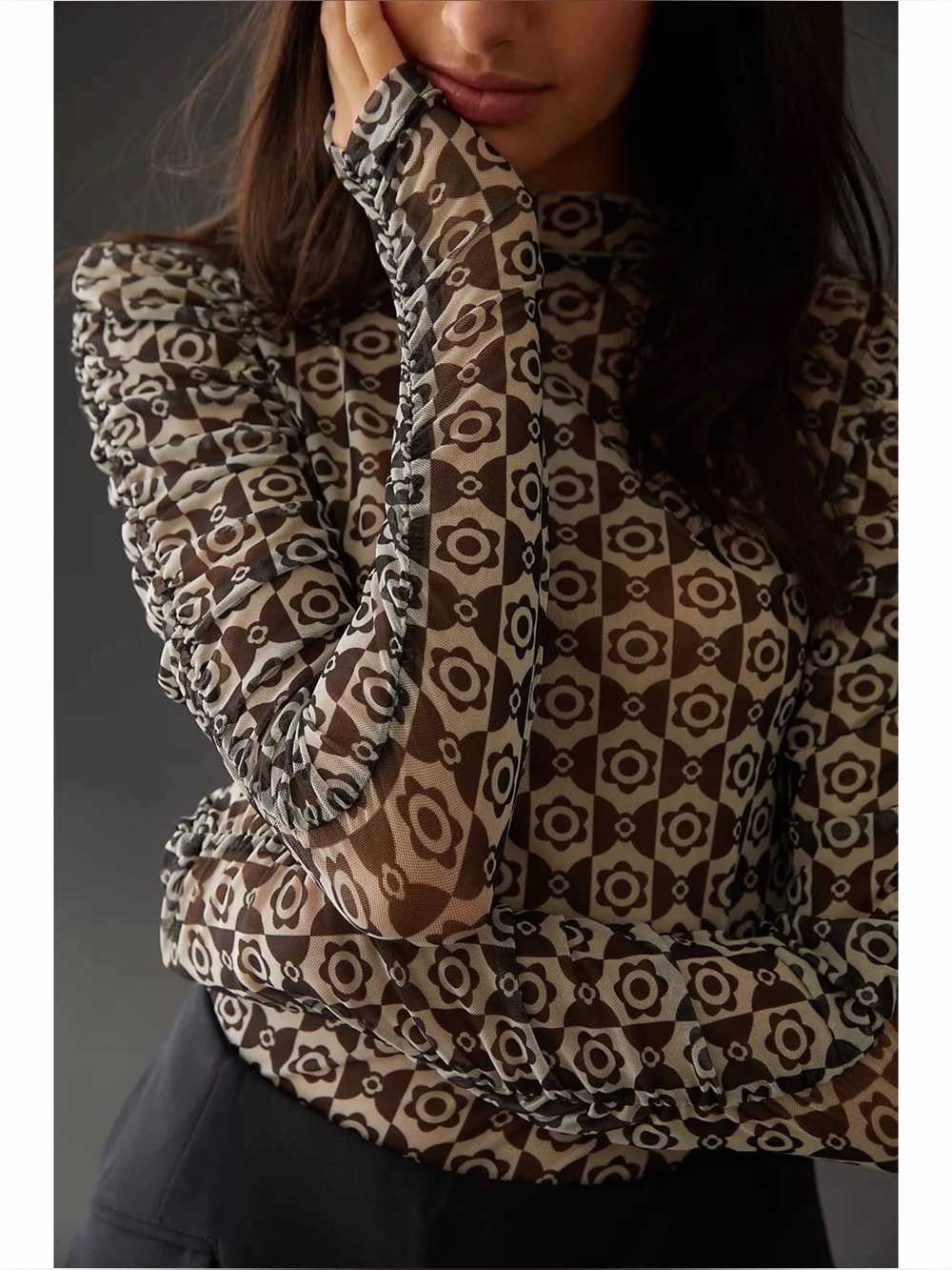 Anthropologie Maeve Mesh Turtleneck - Checkered Floral